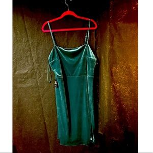 Express green velvet spaghetti strap dress with slit